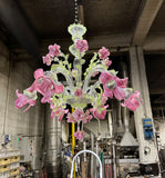 6 Light Murano Glass Chandelier – Classic Floral Climbing Roses – Clear Cristallo with Light Green and Pink Roses