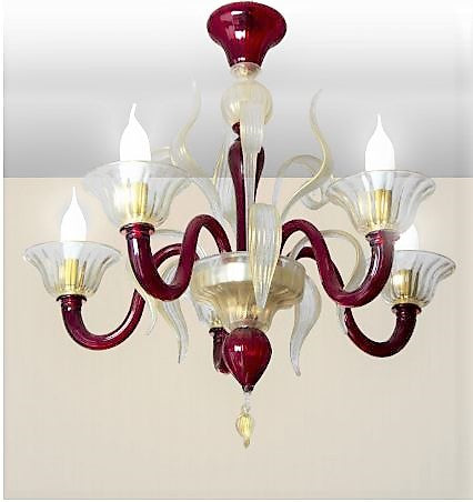 Murano Glass Luy Chandelier - Red and Clear 24Kt Gold Accents