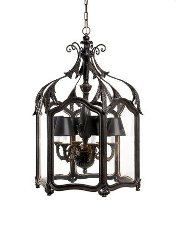 Italian Hand Carved Gilt Wood Tuscan Hanging Lantern Chandelier 6 Lights with Black Lampshades -1208 Image