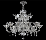 Murano Glass Chandelier Classic Clear Cristallo with White Glass Paste Flowers