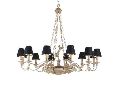 Italian Hand Carved Gilt Wood Tuscan Chandelier 12 Light with Black Lampshades - 2123