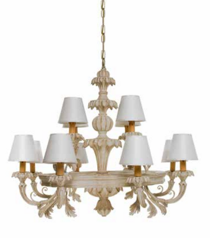 Italian Hand Carved Gilt Wood Tuscan Chandelier 12 Light with White Lampshades - 1143