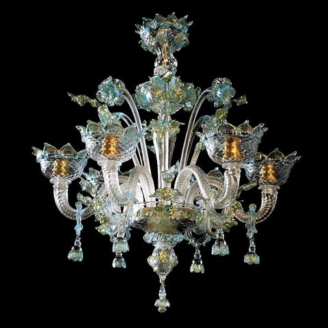 Murano Glass Chandelier – Classic Clear Cristallo with Aqua Blue and 24Kt Gold Accents