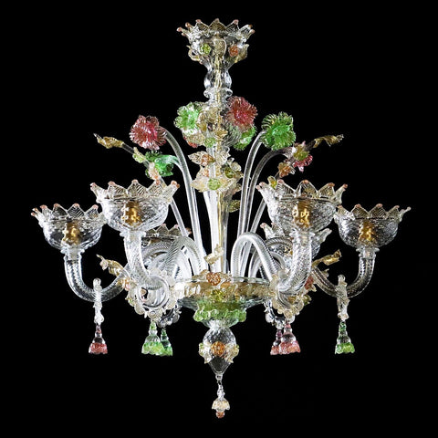 Murano Glass Chandelier – Classic Cristallo with Green, Pink and 24Kt Accents Image