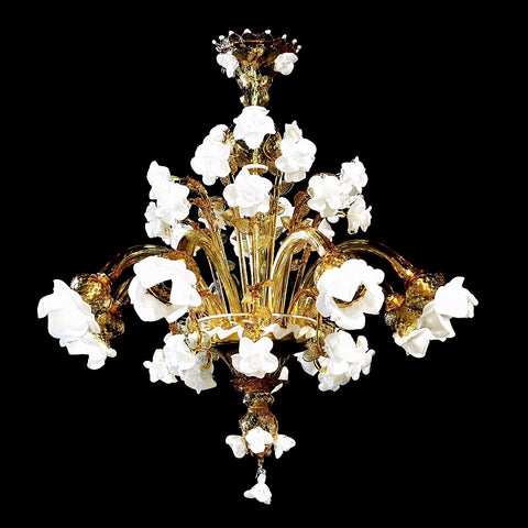 Murano Glass Chandelier Classic Floral Blooming Roses Amber with White Roses Image