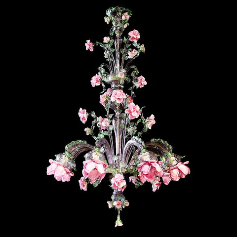 Murano Glass Chandelier – Classic Floral Climbing Roses – Amethyst with Light Green and Pink Roses Image