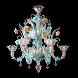 Murano Glass Chandelier – Classic Rezzonico – Clear Cristallo with Turquoise, Pink and Colorful Decorative Flowers Image