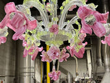 6 Light Murano Glass Chandelier – Classic Floral Climbing Roses – Clear Cristallo with Light Green and Pink Roses - READY TO SHIP!