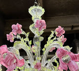 6 Light Murano Glass Chandelier – Classic Floral Climbing Roses – Clear Cristallo with Light Green and Pink Roses - READY TO SHIP!