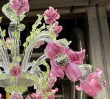 6 Light Murano Glass Chandelier – Classic Floral Climbing Roses – Clear Cristallo with Light Green and Pink Roses - READY TO SHIP!