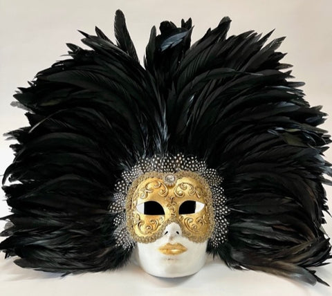 Feathered Volto Carnevale Mask Black with Gold Lips– Eyes Wide Shut Masquerade