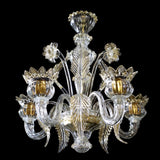 Murano Glass Petite Chandelier “Blooming Flower Buds” in Clear Cristallo Glass with 24Kt Gold Accents