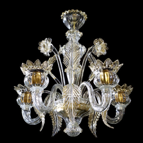 Murano Glass Petite Chandelier “Blooming Flower Buds” in Clear Cristallo Glass with 24Kt Gold Accents
