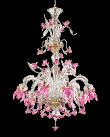 Murano Glass Chandelier Downward Fiori Cristallo with 24Kt Gold with Rose Pink and Yellow Flowers – 8 Light