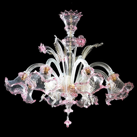 Murano Glass Chandelier – Classic Downward Lighting Pink with 24Kt Gold Image