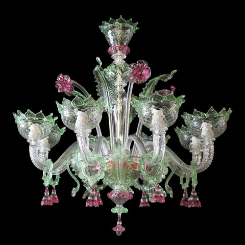 Murano Glass Chandelier – Clear Cristallo with Light Green and Ruby Pink Accents Image