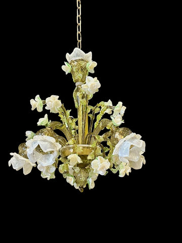 Murano Glass Chandelier – Classic Floral Blooming Roses – Fume and Light Green with 24Kt Gold Accents