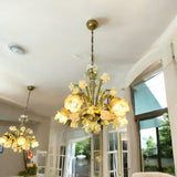 Murano Glass Chandelier – Classic Floral Blooming Roses – Fume and Light Green with 24Kt Gold Accents