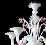 Murano Glass Chandelier – Classic Bianco White and Clear Cristallo with Ruby Pink Accents