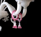 Murano Glass Chandelier – Classic Bianco White and Clear Cristallo with Ruby Pink Accents