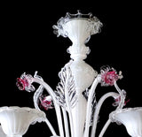 Murano Glass Chandelier – Classic Bianco White and Clear Cristallo with Ruby Pink Accents