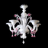 Murano Glass Chandelier – Classic Bianco White and Clear Cristallo with Ruby Pink Accents