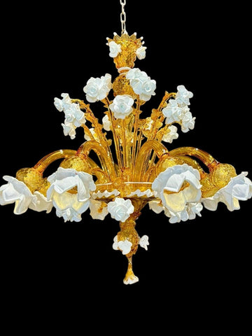 Murano Glass Chandelier – Classic Floral Blooming Roses – Amber with White Roses