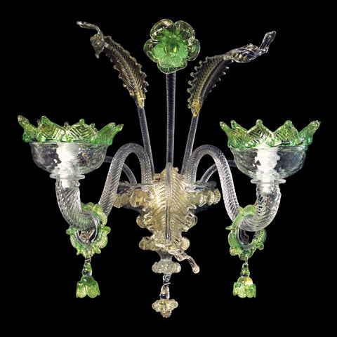 Murano Glass Classic Sconce with Hanging Pendants – Cristallo and Green and 24Kt Gold