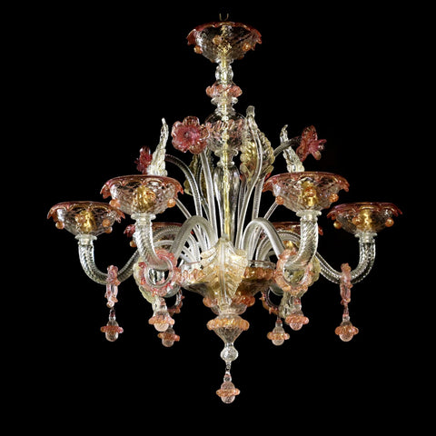 Murano Glass Chandelier – Clear Cristallo with Pink and 24Kt Infused Accents