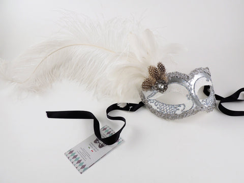 Venetian Feathered Masquerade Mask White