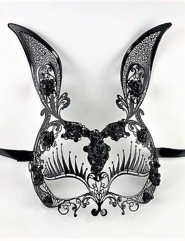 Venetian Mask Laser Cut Metal Rabbit and Roses Black Image