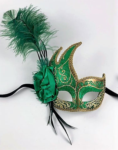 Feathered Cigno Masquerade Mask Green and Gold Image