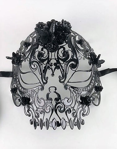 Venetian Mask Laser Cut Metal Black Skull and Roses and Butterflies Image