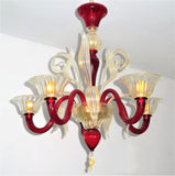 Murano Glass Luy Chandelier Red and Clear 24Kt Gold Accents Image